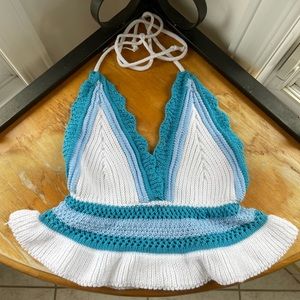 Italian blue and white ruffle waist halter neck crop top